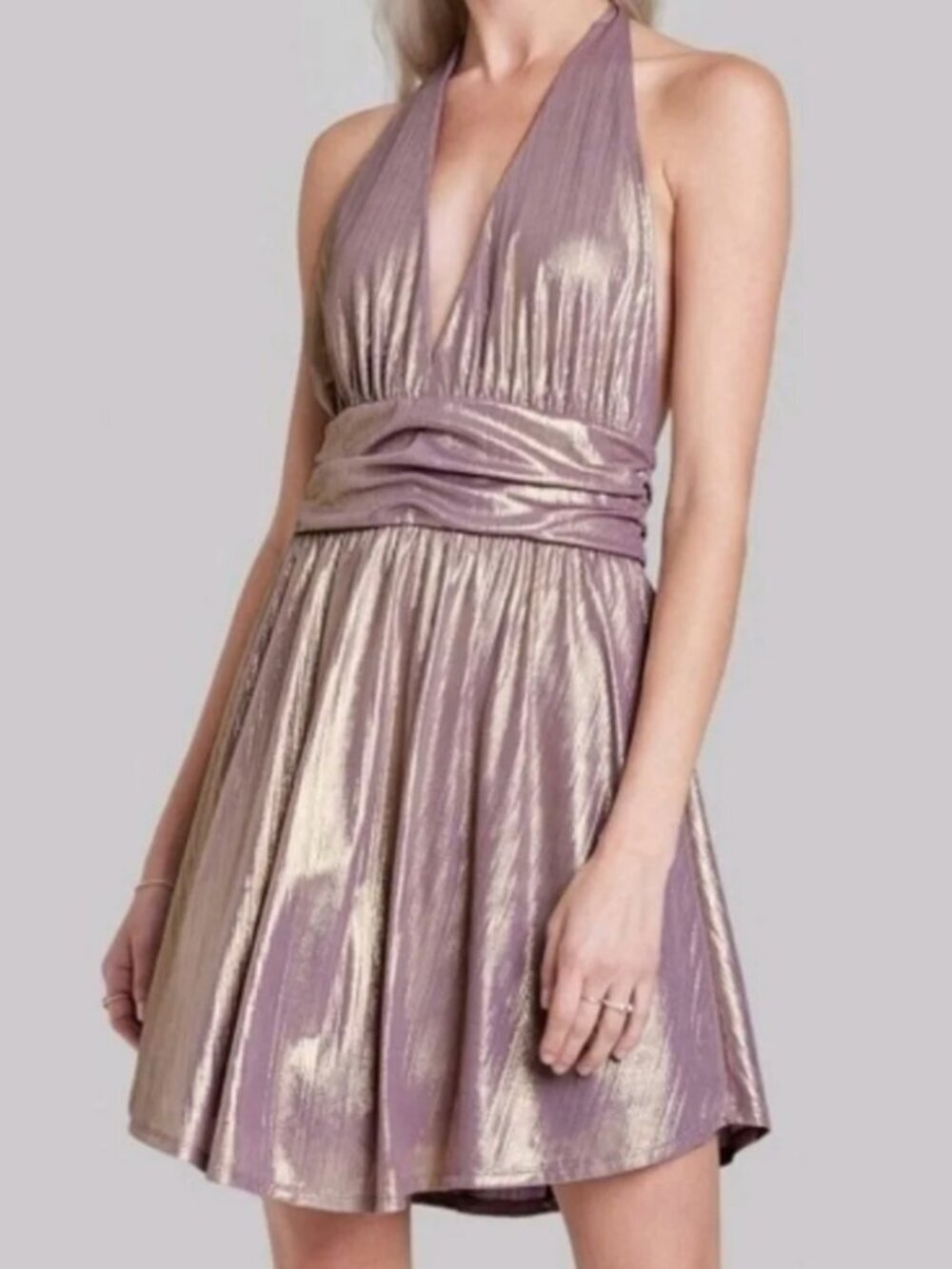 NWT Wild Fable blush gold metallic halter skater mini dress open back Sz XS